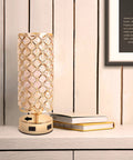 Gold Crystal Bedside Lamps Set Of 2 With Dual USB Charging Ports, Sleek Modern Nightstand Table Lamps, visible with books on table