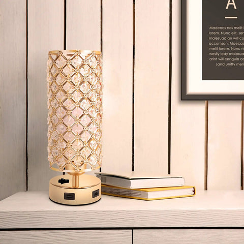 Gold Crystal Bedside Lamps Set Of 2 With Dual USB Charging Ports, Sleek Modern Nightstand Table Lamps, visible with books on table