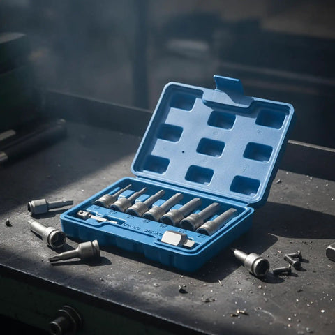 Bothyi Electric Screw Extractor Bolt Remover Set With High Carbon Steel Core And Firm Turning Action Perfect For Auto Repairs Workshop Projects Home Maintenance Diy Tasks And Serious Gear Heads Who Need Reliable Tools That Actually Grip Tough Stripped. blue case with steel extractors for stripped bolts