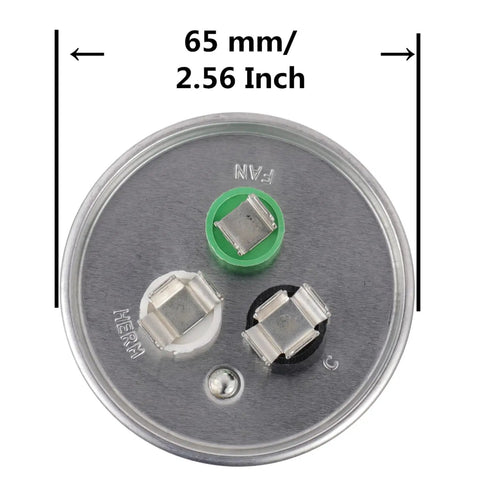 Top view of 75-5 Uf Dual Run Start Capacitor 370-440 VAC CBB65B showing three terminals with 65mm diameter