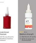 Comparison of conventional adhesive bottle and B577 Eco medium-strength thread sealant bottle with labels and shelf life information.