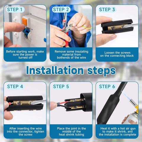 Installation steps for Wire Splice Kit For 14/3 To 8/3 Direct Burial UF Cable 600V Max with heat shrink tubes and connectors.