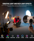 RGBWW LED Video Light With 72Wh Battery And 100W PD Fast Charging in studio setup, handheld spotlight illuminating a model.