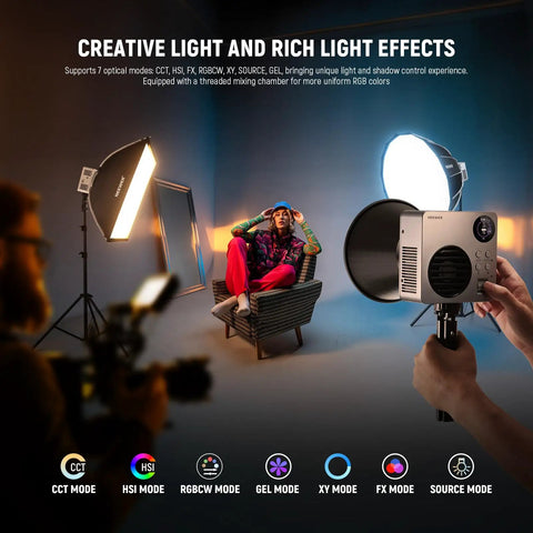 RGBWW LED Video Light With 72Wh Battery And 100W PD Fast Charging in studio setup, handheld spotlight illuminating a model.