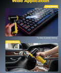 Kickass Electric Air Duster And Blower For PC And Car Cleaning demonstrating long nozzle on keyboard and short nozzle in car.