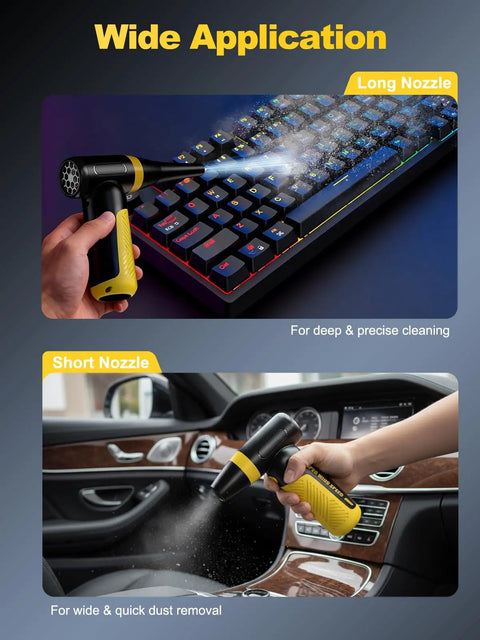 Kickass Electric Air Duster And Blower For PC And Car Cleaning demonstrating long nozzle on keyboard and short nozzle in car.