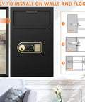Beefy 5.8 Cu Ft Drop Safe Box For Business With Anti Theft Money Drop Depository, Lock And Slot, Digital Keypad And Spare Keys, Heavy Duty Cash Deposit Safe For Home Office And Retail Stores installed on wall.