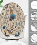 Decorative Elongated Toilet Seat for Bathroom with floral design, 14.5 x 18.5 inches, featuring stainless steel hinges and grip-tight bumpers.