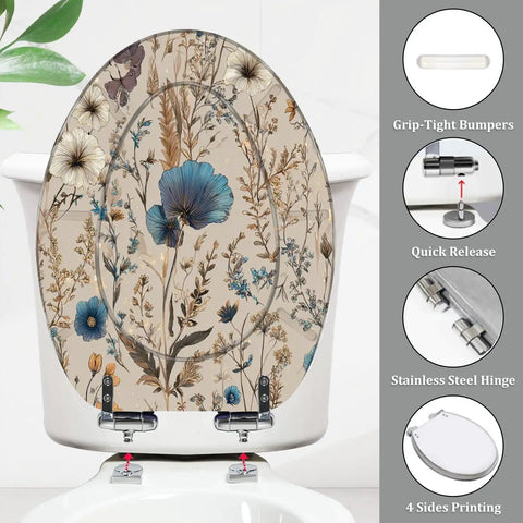 Decorative Elongated Toilet Seat for Bathroom with floral design, 14.5 x 18.5 inches, featuring stainless steel hinges and grip-tight bumpers.