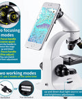 100X To 2000X Educational Compound Microscope showing smartphone adapter and dual focusing modes for adults and kids