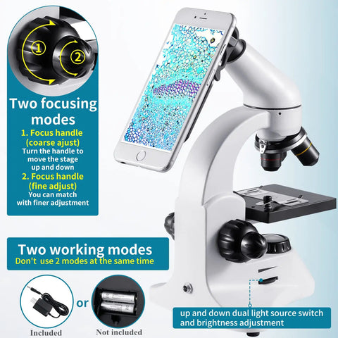 100X To 2000X Educational Compound Microscope showing smartphone adapter and dual focusing modes for adults and kids