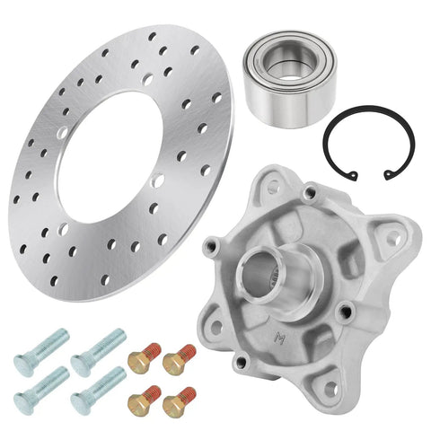 Heavy Duty Rear Wheel Hub Bearing And Brake Rotor Studs Replacement Kit For Polaris RZR Sportsman ACE Ranger ATV UTV 2006 Plus parts including rotor, bearing, hub, bolts, and clips.
