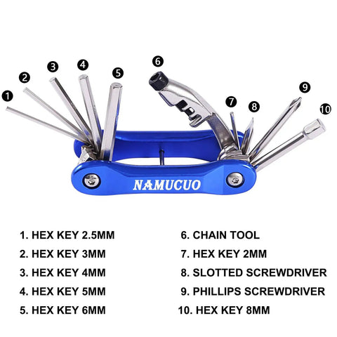 10 In 1 Bike Repair Kit With Tire Levers Glueless Patches Bone Wrench Chain Breaker And Waterproof Saddle Bag Ride Ready For Any Trail Or Roadside Fix On The Fly Compact Multi Tool with hex keys and screwdrivers