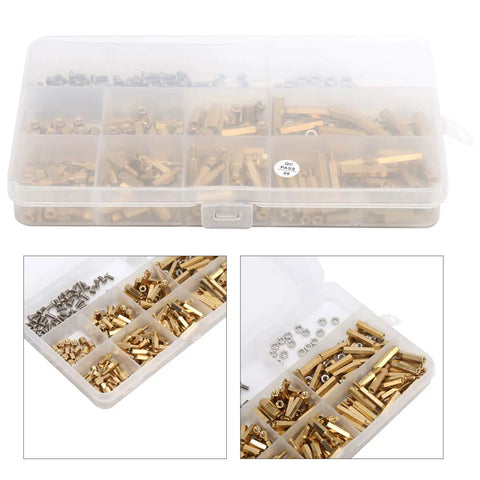 Brass M3 Hex Standoff Spacer Kit 300 Piece Screw Set For Motherboards, Electronics Enclosures, 3D Printers And DIY Projects Tarnish Resistant Zinc Plated Hardware Includes 5mm To 20mm Length Variants, organized in plastic case