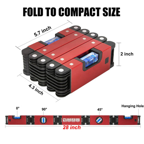 Pro Grade Folding Level With 5 Sections, Multi Angle Magnetic Aluminum Ruler For Corners And Stairs, Folded Compact View