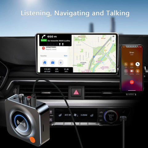 Wireless Bluetooth Receiver For Your Home Stereo And Speakers, NFC Quick Pair, 3.5mm Aux And RCA, TF Card Slot, Low Latency Audio Adapter displayed in a car interior.