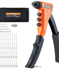 Heavy Duty Single Hand Pop Rivet Gun Kit Rigged Out With Two Hundred Blind Rivets Four Swappable Tips And Drill Bits Tucked In A Dang Sturdy Carry Case for metal repair, includes rivets and drill bits.
