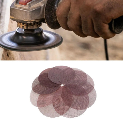 Premium 50 Pack Mesh Sanding Discs With Hook And Loop Backing For Drywall Plus Wood And Metal, Dust Free Grit Design clogs less and lasts longer shown with sanding tool.