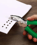 Hand uses Green Square Hole Punch 0.2 Inch Handy Handheld Paper Puncher With Ergonomic Grip to punch square holes in paper