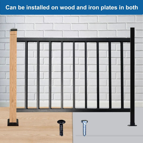 Top Notch Black Metal Deck Railing Kit With Weather Resistant Coating No Fuss Install with wood and iron plate installation options.