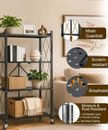 Portable Foldable Storage Shelves Freestanding Three Tier Kitchen Shelving Unit White with mesh guardrail and locking wheels.