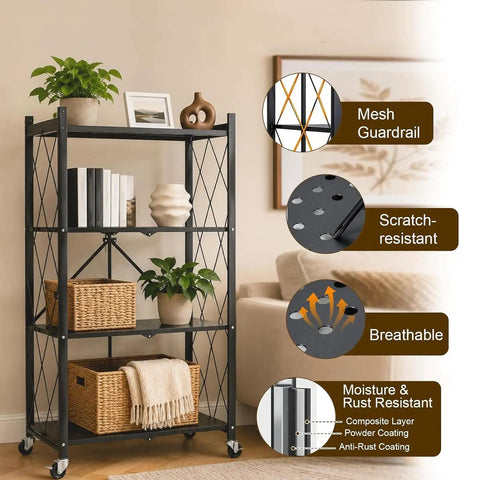 Portable Foldable Storage Shelves Freestanding Three Tier Kitchen Shelving Unit White with mesh guardrail and locking wheels.