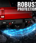 Rear view of YZONA Ram 1500 rear step bumper with 4x18W LEDs, license plate lights, D-rings, sensor holes