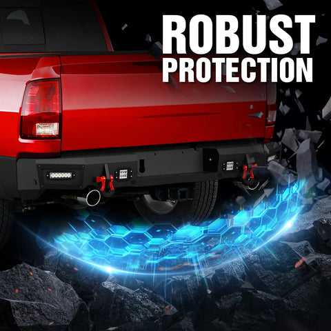 Rear view of YZONA Ram 1500 rear step bumper with 4x18W LEDs, license plate lights, D-rings, sensor holes