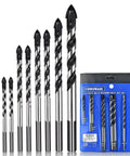 Front view of COMOWARE 10-piece carbide masonry drill bit set (1/8-1/2 in), black-coated bits and blue packaging