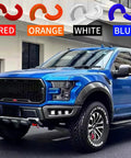 Tow Hook Cover Set For Ford F150 And Toyota Tundra, showcasing red covers on blue truck, easy install, off-road ready.