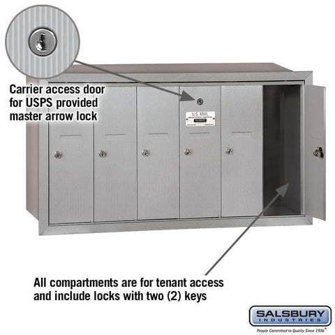 Top Shelf Vertical Mailbox With Six Lockable Doors Solid Aluminum Body showing carrier access door and tenant compartments.
