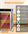 Heavy Duty Commercial Dehydrator With Eighteen Trays And Jerky Hooks For Rolling Out Killer Beef Snacks, display of components and dimensions.