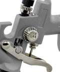 Close-up of Handy Mini Hvlp Gravity Feed Spray Paint Gun With Zero Point Eight Mm Needle Tip and Sixteen Ounce Mixing Cup controls.