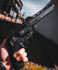 Close-up of Licensed Dan Wesson WG CO2 Metal High Power 6mm Magnum Gas Revolver for Airsoft with black finish and 6-inch barrel.