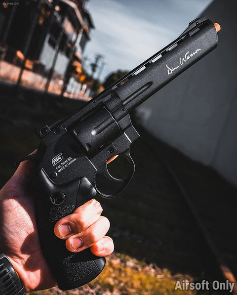 Close-up of Licensed Dan Wesson WG CO2 Metal High Power 6mm Magnum Gas Revolver for Airsoft with black finish and 6-inch barrel.