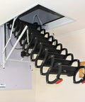 Electric Attic Ladder With Retractable Loft Stairs And Hidden Ceiling Access Featuring Heavy Duty Alloy Frame And Wide Non Slip Treads For One Push Motorized Operation To Keep Your Attic Storage On Point, showcasing extended stairs.
