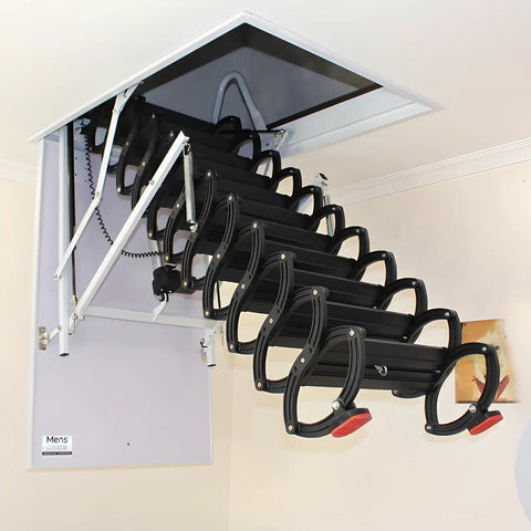 Slick Automatic Electric Attic Ladder With Retractable Ceiling Access And Telescoping Handrail hidden pull down loft stair system viewed from above.