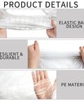 Product details for Four Pack Disposable Plastic Car Covers With Elastic Band Universal Indoor Garage Shield For Sedans And SUVs Clear Rain Dust Protection 12.5 By 21.6 Feet Each, showing elastic band, durability, and PE material.