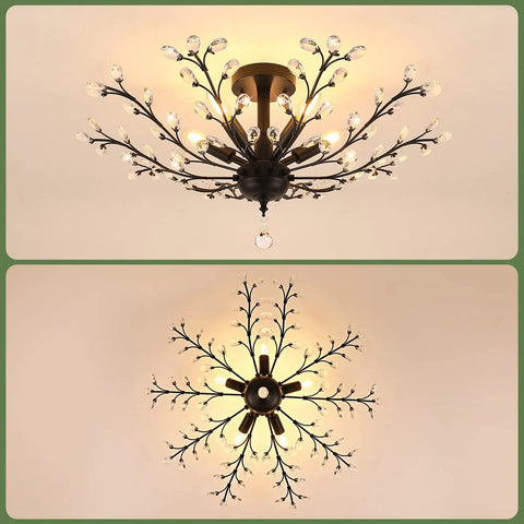 Five Light Crystal Chandelier In Matte Black With Edison E12 Base, 30 Inch Modern Semi Flush Mount Ceiling Fixture For Dining Room And Living Areas, Vintage Glam Lighting That Pops For Kitchen Hallway Foyer, top and side view of illuminated chandelier with crystal accents