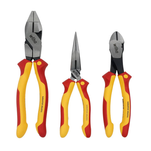Insulated Pliers And Cutters Tray Set, 3 Piece With Long Nose 8 In, Angled Cutters 8 In, Lineman Pliers 9.5 In on white background