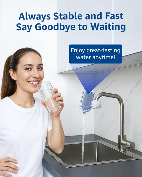 Woman drinking water from faucet with Replacement Faucet Filter For Plus RF9999, Lead Free NSF 42 Certified, 1800 Gallon Capacity