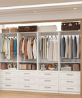 Game Changing Modular Walk In Closet Organizer System With Adjustable Hanging Rods And Deep Storage Drawers Freestanding Wardrobe Rack Fits Tight Spaces Quick Setup White with clothing and handbags.