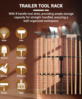 Upgraded Utility Trailer Tool Rack With Eight Tool Holes in use holding garden tools, showcasing heavy-duty steel construction.
