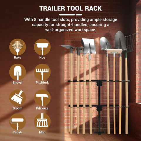 Upgraded Utility Trailer Tool Rack With Eight Tool Holes in use holding garden tools, showcasing heavy-duty steel construction.
