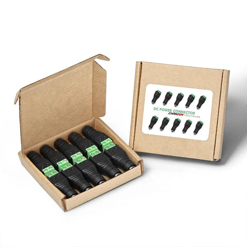 Built Tough Female Dc Power Connectors 5.5Mm X 2.1Mm Barrel Jack Socket pack of ten in an open box with connectors visible.