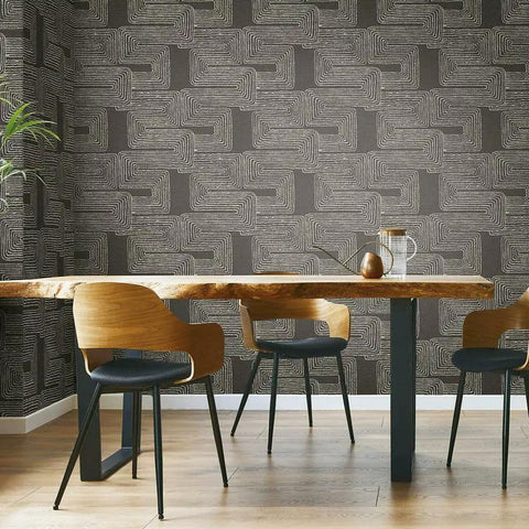 Dining room with Nikki Chu Black And White Zulu Signature Peel And Stick Wallpaper Roll for accent walls, featuring bold modern pattern.