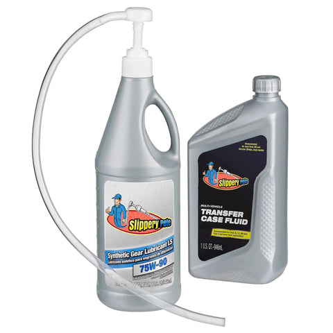Top Shelf 5Cc Manual Fluid Transfer Pump For Gear Oil Transmission And Differential With Long And Short Suction Tubes For Standard Quart Bottles A Grease Monkey Favorite displayed with 75W-90 synthetic gear lubricant and transfer case fluid.