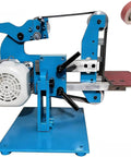 Heavy Duty Electric Belt Sander And Multi Purpose Surface Grinder 750W Brushless Motor with blue steel platform and sanding belts.