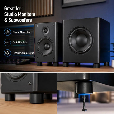 Heavy-Duty Rubber Isolation Feet Four Pack With Steel Inserts-Badass Anti-Vibration Dampening Pads for Amps Subs and Turntables close-up of rubber feet under audio speakers.