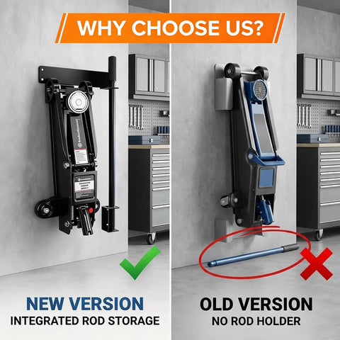 Heavy Duty Wall Mount Jack Stand Rack For Hydraulic Jacks with integrated rod storage in garage setting